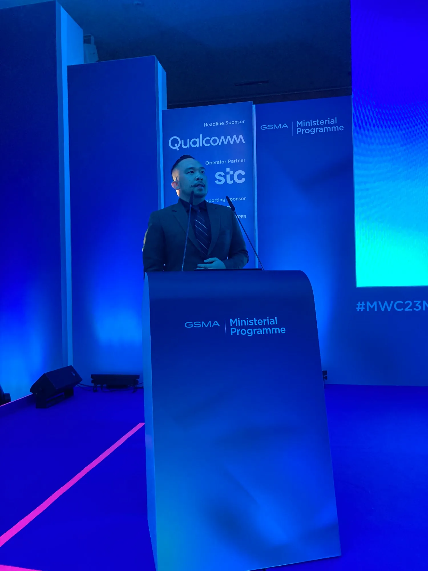Rainier Milanes speaking at a GSMA Ministerial Programme podium.