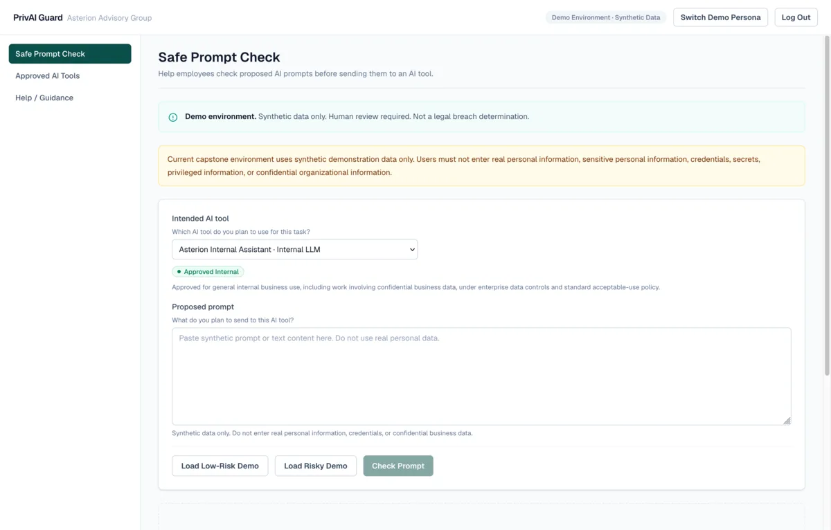 PrivAI Guard employee Safe Prompt Check screen