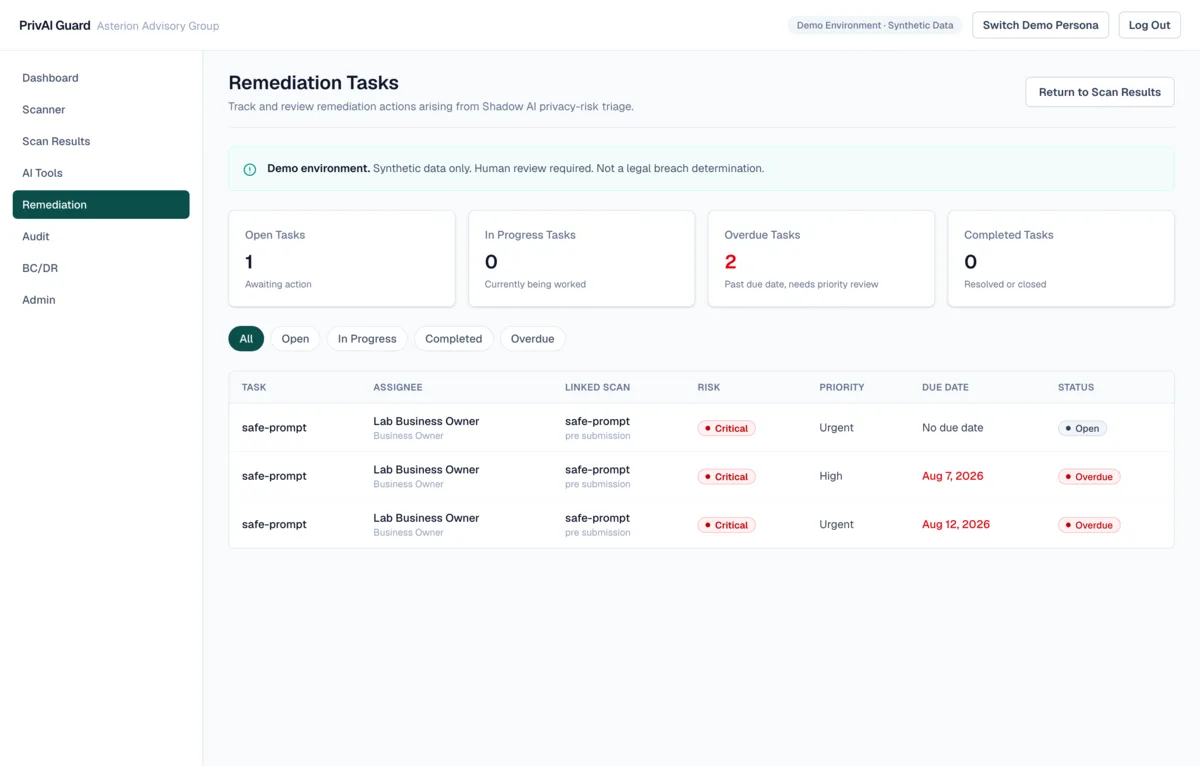 PrivAI Guard remediation task screen