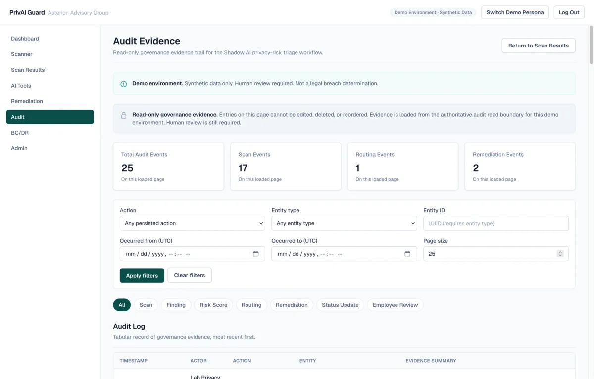 PrivAI Guard governance audit evidence screen